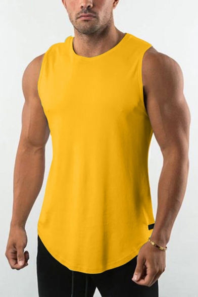 Leisure Mens Active Tank Top Solid Color Crew Neck Sleeveless Asymmetrical Hem Regular Fitted Gym Active Tank Top