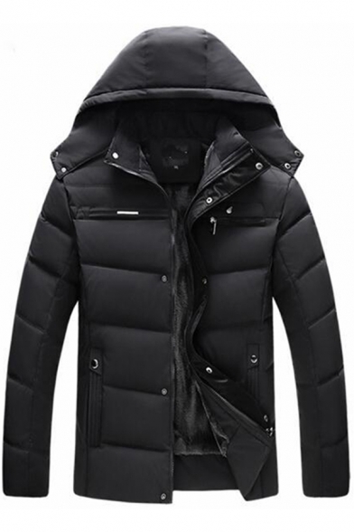 Leisure Mens Down Coat Solid Color Quilted Detail Side Pockets Brushed Zip Closure Snap Button Long Sleeves Regular Fitted Down Coat