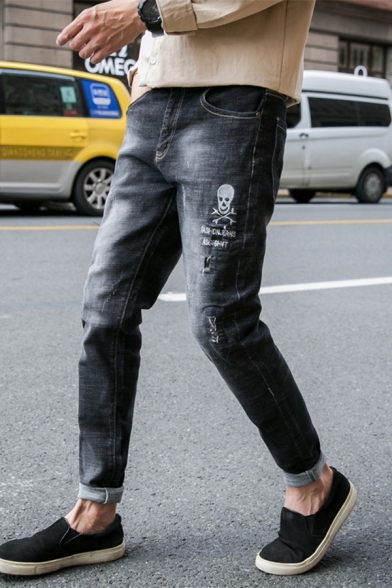 Men's New Stylish Colorblock Washed Letter Printed Slim Fit Black and Grey Trendy Jeans