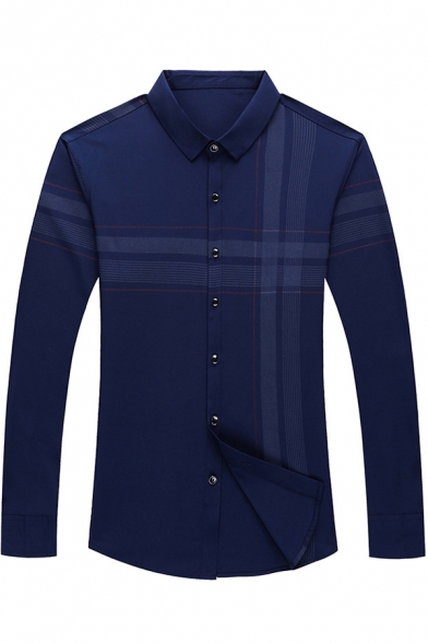 Mens Business Shirt Simple Cross Stripe Pattern Non-Ironing Button up Point Collar Slim Fit Long Sleeve Shirt