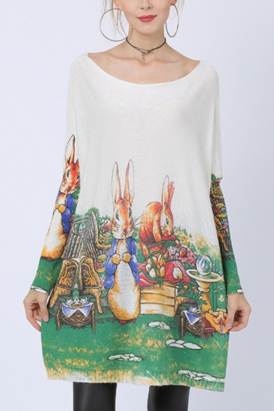 Popular Womens Top Cartoon Rabbit Print Long Sleeve Round Neck Longline Loose Fit Knitted Top