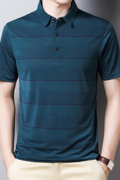 Retro Mens Business Polo Shirt Stripe Print Ice Silk Button Detail Turn-down Collar Slim Fit Short Sleeve Polo Shirt