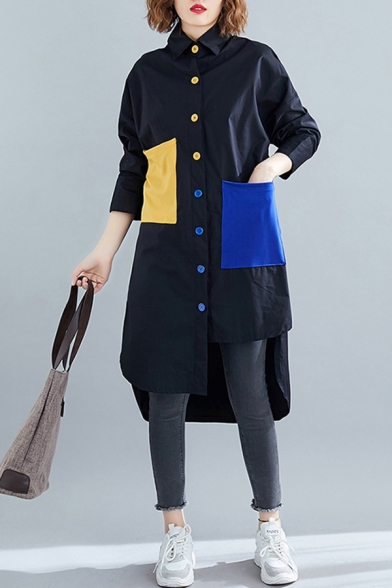 Retro Shirt Button-down Color Block Contrast Panel Big Pockets Asymmetrical Hem Long Sleeves Point Collar Relaxed Fit Shirt Blouse for Women