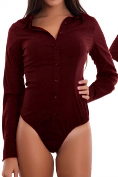 Sexy Womens Bodysuit Solid Color Long Sleeve Spread Collar Button Up Fitted Shirt Bodysuit