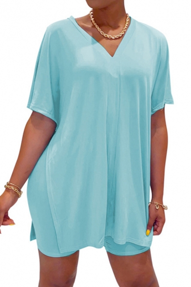 Simple Set Solid Color Batwing Sleeve V-neck Loose Tee Top & Shorts Co-ords