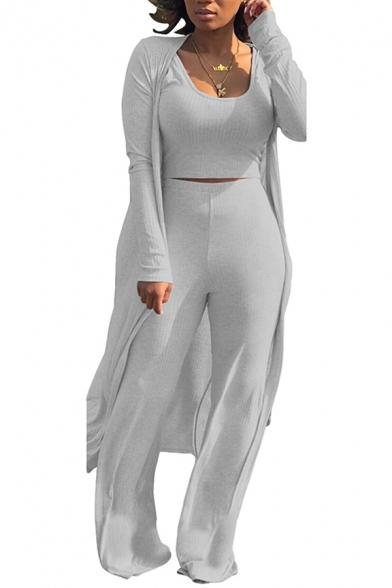 Simple Womens Co-ords Solid Color Ribbed Long Sleeve Longline Relaxed Coat & Tank & Pants Set