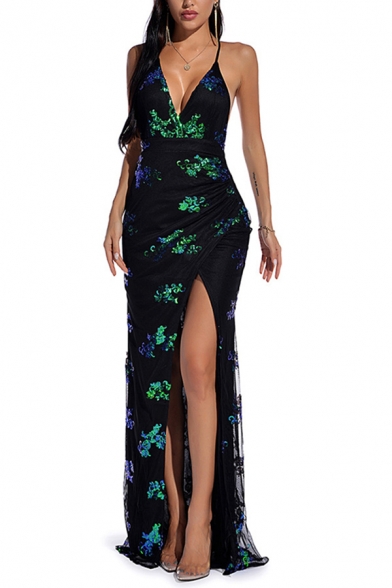 Stylish Ladies Dress Sequins Flower Print Deep V-neck High Slit Front Mesh Panel Maxi Flowy Dinner Cami Dress