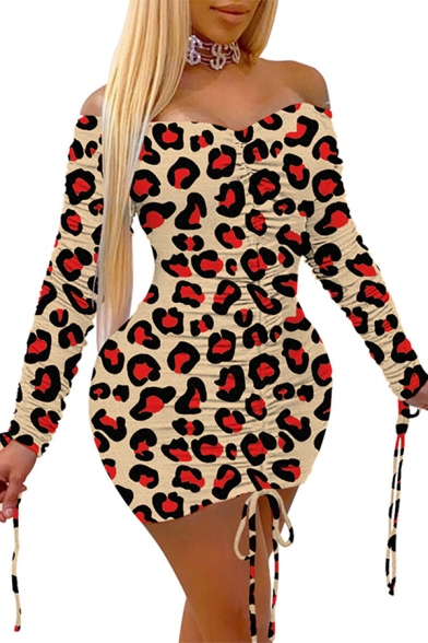 Stylish Women's Bodycon Dress Leopard Print Ruched Detail off the Shoulder Long Sleeves Slim Fitted Bodycon Dress