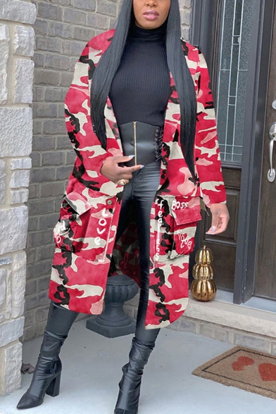 Stylish Women's Jacket Camo Printed Open Front Long Sleeves Regular Fitted Tunic Jacket
