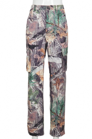 Stylish Women's Pants All over Print Flap Pockets Button Fly Mid Waist Banded Cuffs Regular Fitted Regular Fitted Pants