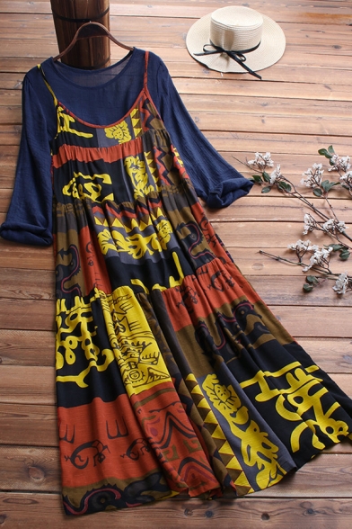 Stylish Women's Swing Dress Tribal Ethnic Print Tiered Spaghetti Strap Round Neck Sleeveless Relaxed Fit Swing Dress