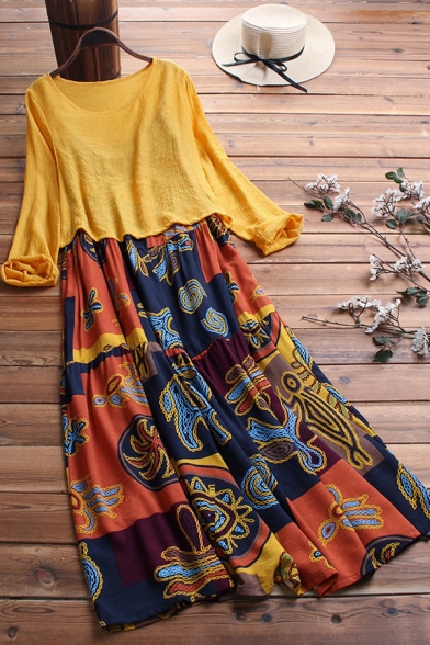 Stylish Women's Swing Dress Tribal Ethnic Print Tiered Spaghetti Strap Round Neck Sleeveless Relaxed Fit Swing Dress