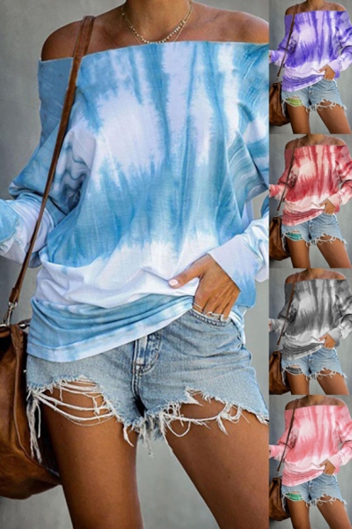 Stylish Women's Tee Top Tie Dye Pattern off the Shoulder Long Sleeves Regular Fitted T-Shirt