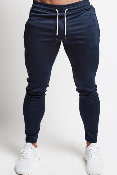 Trendy Men's Pants Stripe Pattern Drawstring Side Pocket Elastic Waist Ankle Length Skinny Pants
