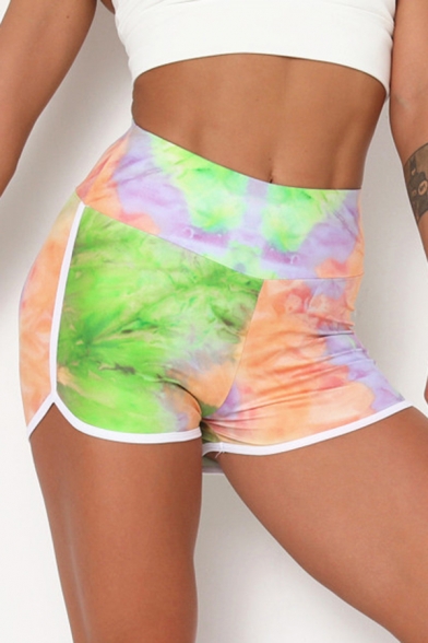 Trendy Women's Shorts Painted Pattern Contrast Trim High Elastic Waist Split Hem Fitted Yoga Shorts