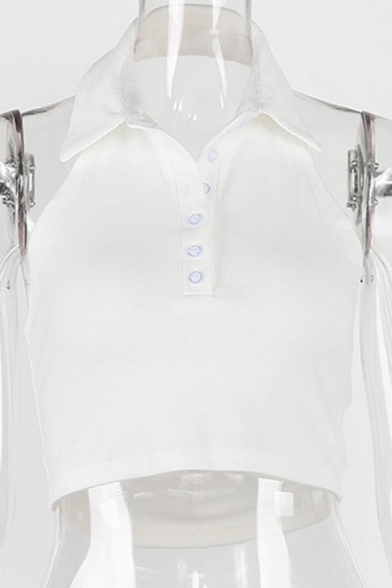 Trendy Women's Tank Top Button Detail Spread Collar Sleeveless Plain Regular Fitted Crop Top