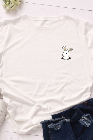 Unique Women's T-Shirt Rabbit Embroidered Round Neck Rolled up Short Sleeves Relaxed Fit Tee Top