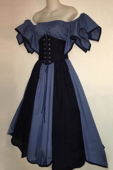 Vintage Womens Dress Patchwork Short Sleeve Off the Shoulder Lace Up Mid Flared Dress