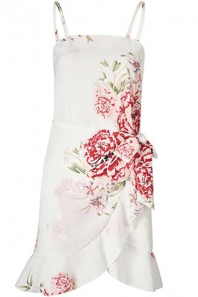 Womens Dress Stylish Floral Print Chiffon Tulip Ruffle-Hem Tie Side Spaghetti Strap Sleeveless Slim Fitted Mini Slip Dress