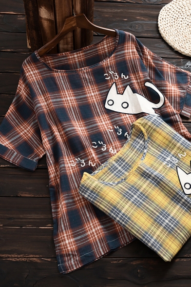 Youthful Womens Tee Top Tartan Cat Cartoon Print Rolled up Round Neck Short Sleeves Relaxed Fit T-Shirt