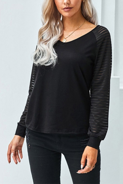 Black Semi-sheer Long Sleeve V-neck Relaxed Simple T Shirt for Girls