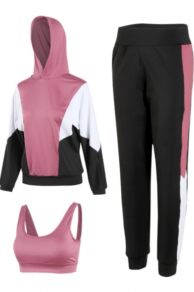 Casual Girls Set Colorblock Long Sleeve Hooded Relaxed Hoodie & Crop Tank & Pants Set in Pink