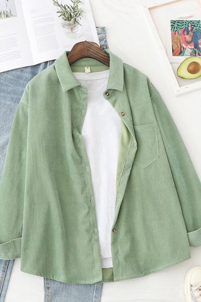Casual Shirt Corduroy Plain Long Sleeve Turn-down Collar Button Up Loose Fit Shirt Top for Girls