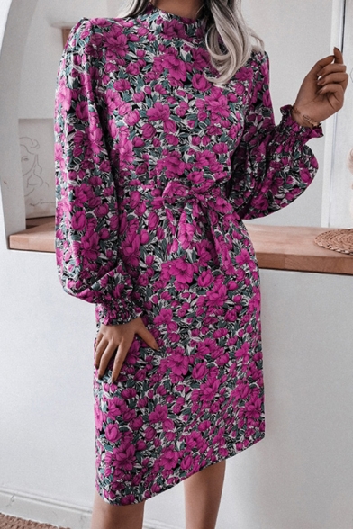 Fancy Dress All Over Floral Print Blouson Sleeve Mock Neck Bow-tie Waist Mid Shift Dress for Women