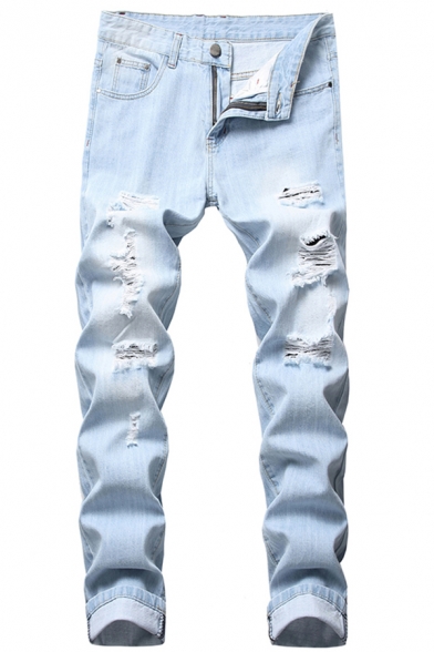 Fancy Men's Jeans Distressed Frayed Detail Zip Fly Side Pockets Mid Waist Skinny Long Pants with Washing Effect