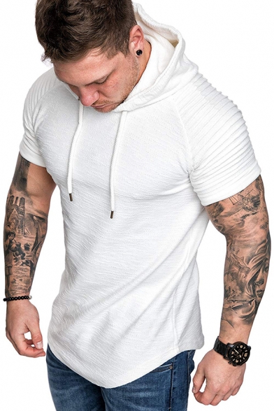 Fancy Men's Tee Top Solid Color Wrinkle Detail Asymmetrical Hem Short-sleeved Regular Fitted Drawstring T-Shirt