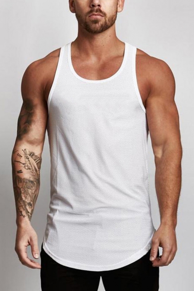 Fancy Men's Training Tank Top Solid Color Crew Neck Sleeveless Regular Fitted Asymmetrical Hem Quick Dry Gym Tank Top