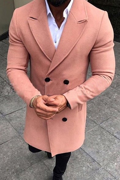 Fancy Men's Woolen Coat Solid Color Notched Lapel Collar Double Breasted Side Pocket Long-sleeved Regular Fitted Coat
