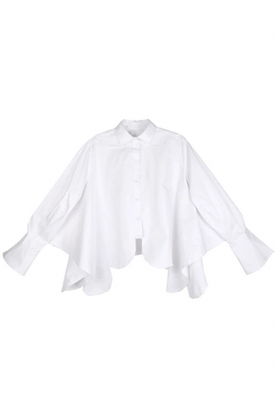 Fancy Women's Shirt Plain Button Fly Point Collar Scalloped Hem Long Puff Sleeves Relaxed Fit Shirt