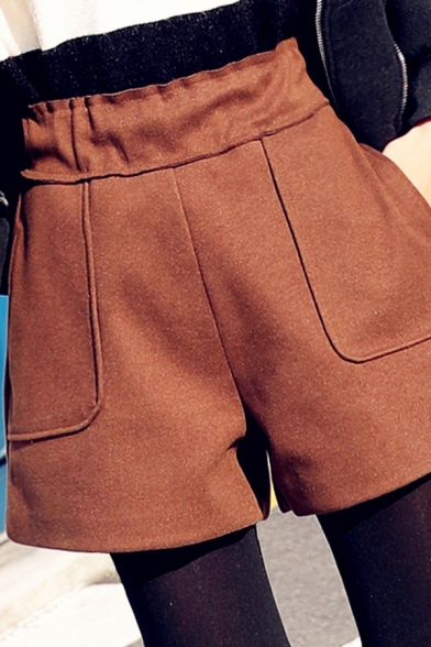 Formal Womens Shorts Elastic Waist Solid Color Wide-leg Wool Shorts