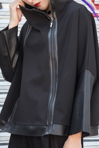 Harajuku Womens Sweatshirt PU Panel Long Sleeve Stand Collar Double Zipper Loose Fitted Pullover Sweatshirt in Black