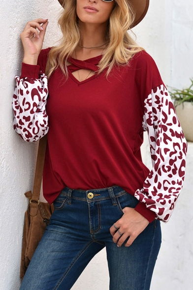 Ladies Fashion Leopard Patterned Blouson Sleeves Hollow-out V-neck Loose Tee