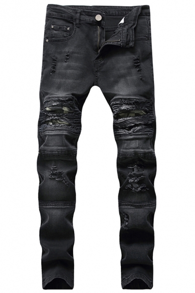 Leisure Men's Jeans Frayed Distressed Contrast Panel Side Pocket Mid Waist Long Skinny Jeans with Washing Effect