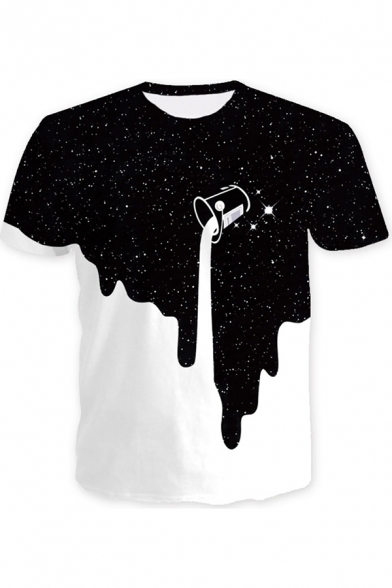 Popular Guys T-shirt Pouring Oil Paint 3D Pattern Short Sleeve Crew Neck Regular T Shirt in Black-white