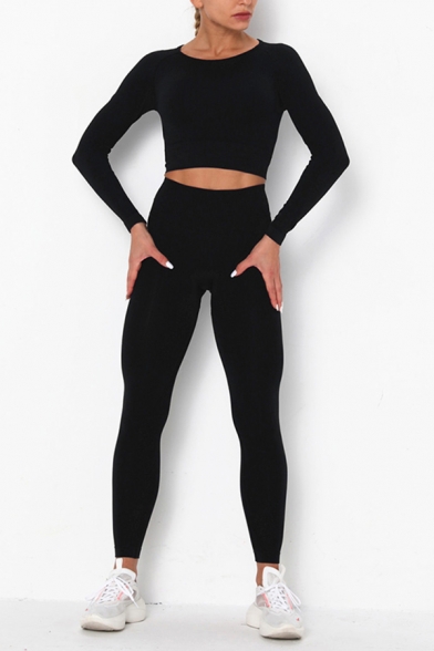 Womens Yoga Two Piece Set Long Sleeves Tee Top with High Waist Ankle Length Skinny Leggings