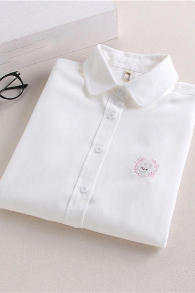 Simple Shirt Rabbit Cat Embroidery Long Sleeve Turn-down Collar Button-up Relaxed Fit Shirt for Women