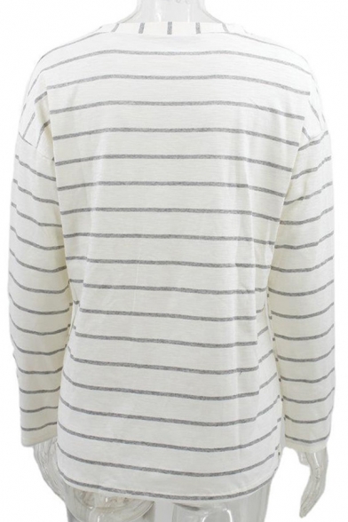 Simple White Tee Top Stripe Print Long Sleeve Crew Neck Relaxed Fit T Shirt for Girls