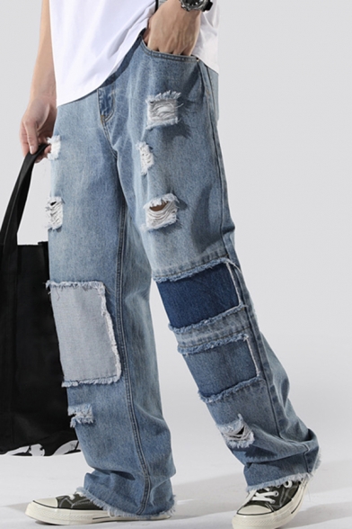 Streetwear Jeans Light Blue Patchwork Ripped Mid Waist Long Length Baggy Jeans for Men