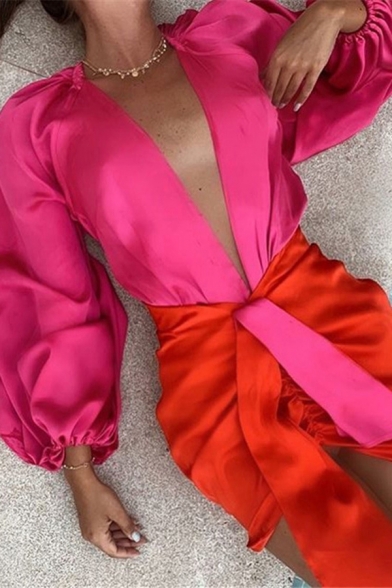 Stylish Women's Blouse Dress Satin Contrast Color Ruched Tie Front Raglan Long Bishop Sleeves Deep V Neck Mini Dress