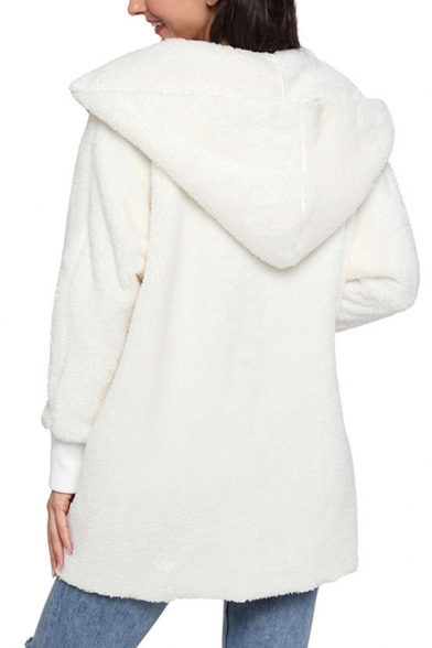 Stylish Womens Cardigan Solid Color Fuzzy Long Sleeve Hooded Loose Fit Cardigan