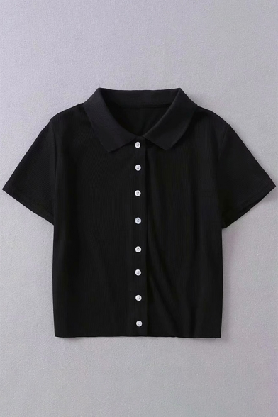 Summer Basic Simple Plain Turn-Down Collar Short Sleeve Button-Down Black Cropped T-Shirt