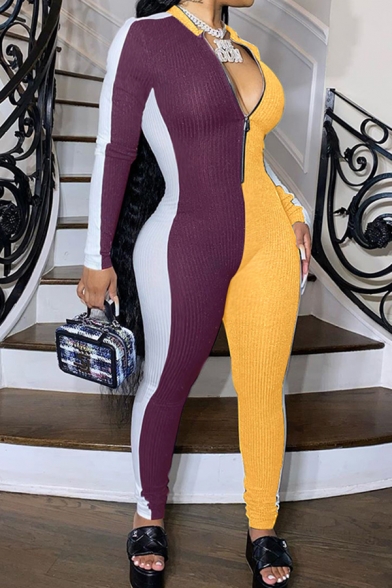 Trendy Jumpsuit Ribbed Colorblock Long Sleeve Deep V-neck Long Skinny Jumpsuit for Women