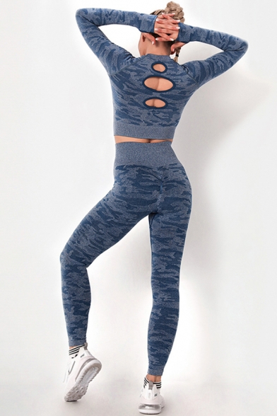 Women's Training Set Camo Printed Long-sleeved Tee Top with High Waist Skinny Leggings