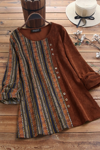 Unique Womens Blouse Patchwork Contrast Tribal Panel Round Neck Long Sleeves Relaxed Fit Pullover Blouse