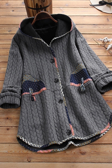 Vintage Women's Jacket Patchwork Contrast Trim Button Fly Side Split Cable Knit Long-sleeved Relaxed Fit Hooded Jacket