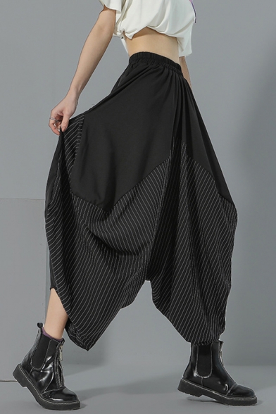 Womens Cool Pants Stripe Printed Elastic Waist Cropped Baggy Sarouel Pants in Black